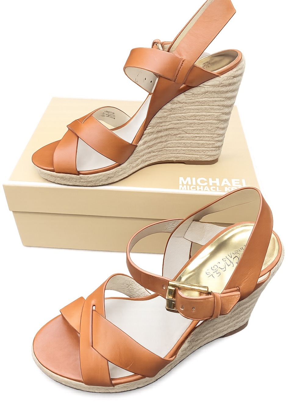 Michael Kors Cognac Leather Espadrille Wedge Sandals